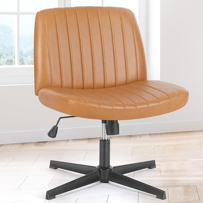OLIXIS Criss Cross Office Chair, Vanity Chair, Home Office Desk | Wide Seat, Height Adjustable, PU Leather Padded, Armless No Wheels, Bedroom, Study Room, Brown Dual Base by OLIXIS