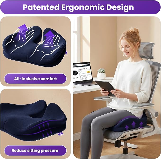 ZZ-WELL Seat Cushions for Office Chairs, Coccyx Cushion for Tailbone Pain, Memory Foam Butt Pillows for Computer Gaming Chair, Patented Pressure Relief Design Chair Cushion (Navy Blue, XX-Large) - Image 8