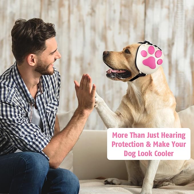 Dog Ear Muffs Noise Protection - 32dB NRR Noise Cancelling Headphones | Upgraded Calming Earmuffs for Hearing Protection, Thunder, Fireworks & Hunting with Dog Paw Design (M, White-Pink) - Image 7