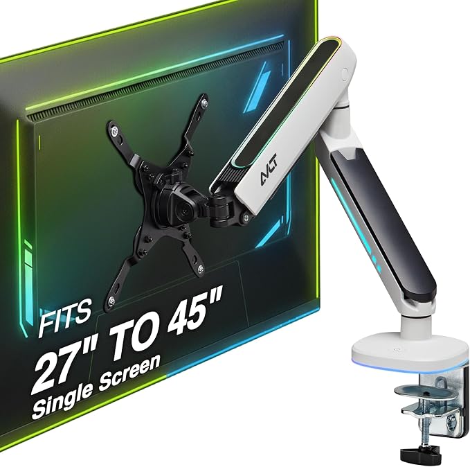 AVLT Single 27”-45” RGB Gaming Monitor Arm Desk Mount - White | 20 Lighting Modes Touch Button Control Fits Flat/Curved/Ultrawide Screens Height Swivel Tilt Rotation Adjustable Stand by AVLT-USA