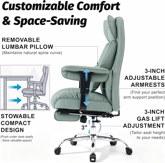 Efomao Executive Office Chair 400lbs,Green Big and Tall Desk Chair | Mattress-grade pocket spring cushion, sleek leather, 135° recline & footrest for computer gaming setup. - Image 6