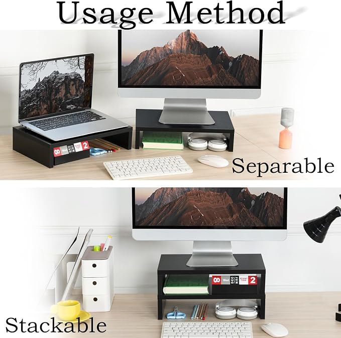 TEAMIX 2-Pack Wood Monitor Stand Riser for Desk , Black | Dual Stand for 2 monitors. Holds 80 lbs, Stack or Separate Adjustable Use, Fits laptop, TV, PC. For Home Office, Gaming - Image 2