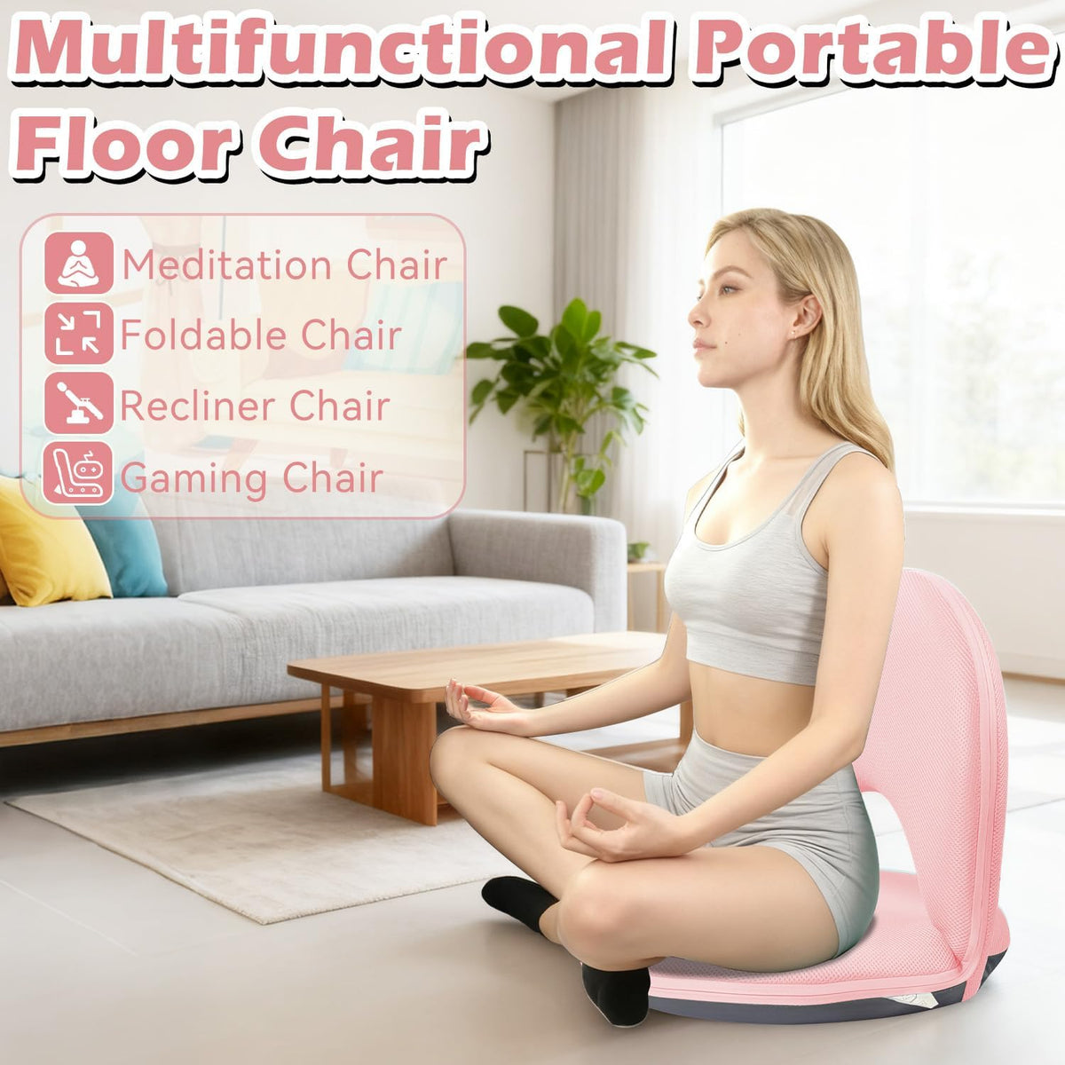 Floor Chair Floor Cushion Folding Padded Gaming Chair Adjustable 5-Position Floor Seat with Back Support for Kids Adult Great for Gaming Reading Meditating - Image 3