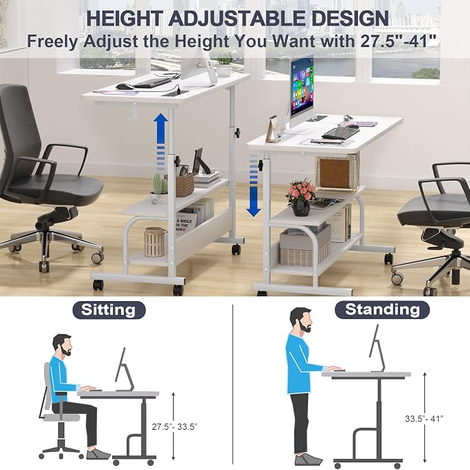 39" Rolling Standing Desk with Charging Station for Couch Bed | Height Adjust 27.5-41", 2 AC/3 USB, Mobile 4 Lockable Wheels, 2-tier Shelves Hook, Safe Corner Fast Assembly - Image 6