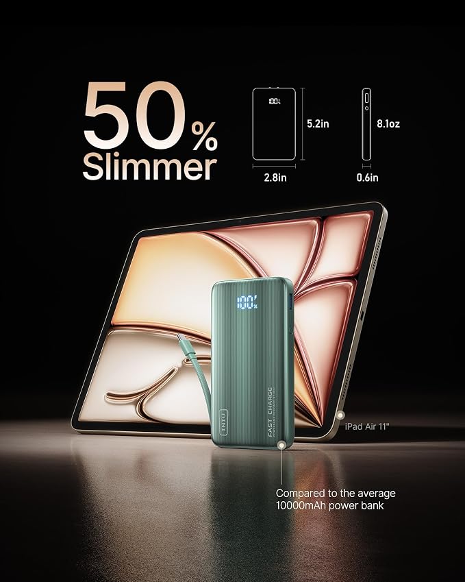 INIU 45W Fast Charging Portable Charger, 10000mAh with Built in Wall Plug | Slimmest, Built-in Wall Plug, USB-C Cable, GaN, Flight-Safe, 3 in 1 Power Bank for iPhone 17, Samsung, iPad etc, Green - Image 2