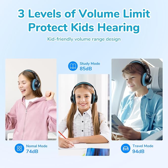 EarFun K4 Kids Bluetooth Headphones, Wireless Headphones with Lights, Black | 74/85/94dBA Volume Limited, Built-in Mic, 90H Playtime, Bluetooth 5.4 Over Ear Headphone for iPad/Tablet/School, Dark Black - Image 2