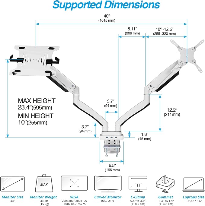 Dual Monitor Arm Desk Mount with 15" Laptop Tray USB-C&A Docking Station | AVLT 17”-43" HDMI 4K60Hz, Ethernet, 100W PD, Fits Two Flat/Curved Monitor - White - Image 4