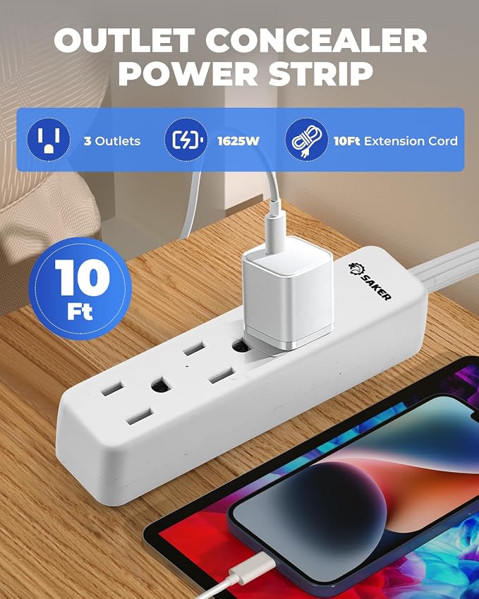 Saker Outlet Concealer, 10ft Flat Extension Cord, 3 Outlets, White | 10ft Flat Extension Cord, Universal Outlet Concealer, 3 Built-In AC Outlets, Baby Proof Cable Management - Image 3