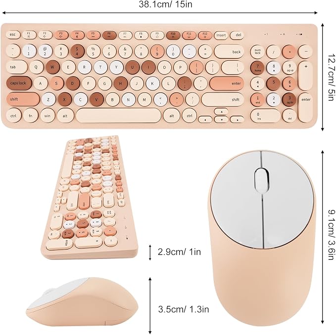 Wireless Keyboard and Mouse Combo, Retro Typewriter Keyboard with Round Keycaps, 2.4GHz USB Cute Wireless Keyboard Mouse for Computer, Desktop, Laptop (Milk Tea Colorful) - Image 6