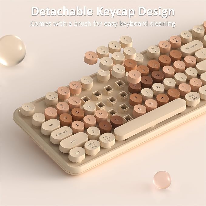Links9+ Colorful Wireless Keyboard and Mouse Combo (Milky Tea Colorful) | Full-Size Retro Typewriter Style Keyboard with Vintage Round Keycaps, 2.4G Wireless Set for Windows, Mac, Laptop, PC, Desktop - Image 6