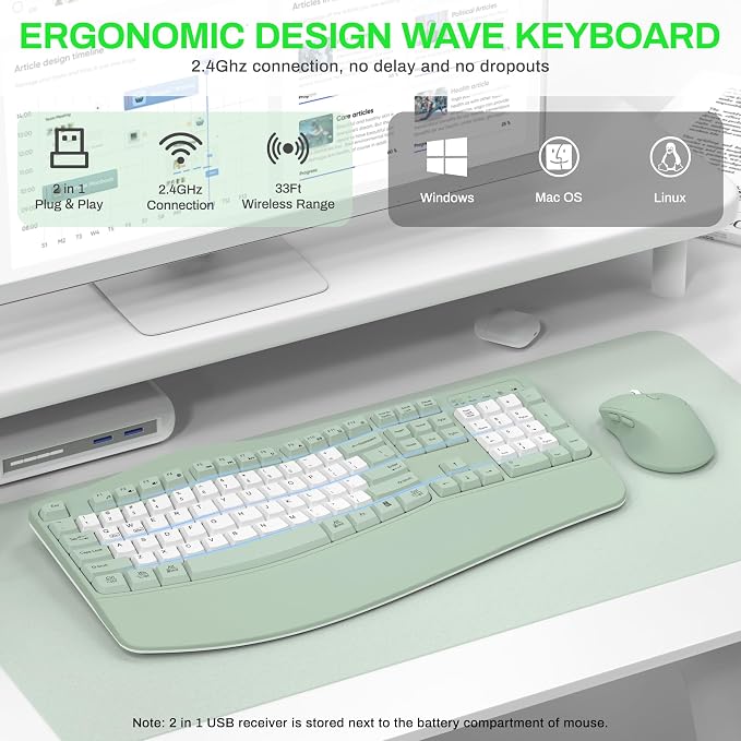 Wireless Keyboard and Mouse Combo,2.4G Ergonomic Wave Keys(Avocado Green-B) | Full Size Cordless Keyboard with Wrist Rest,3-Level DPI Ergonomic Mouse for Office and Home,Windows/Mac OS/Desktop/Laptop/PC - Image 6