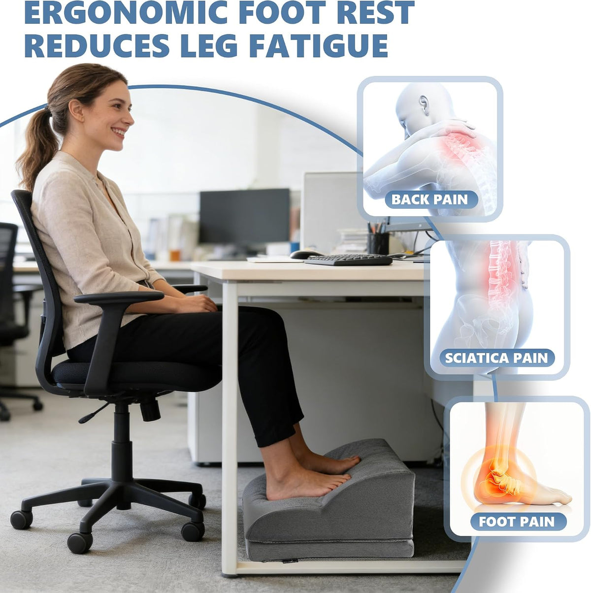 Foot Rest Under Desk for Office, Ergonomic Adjustable Footrest with Washable Cover, Soft Desk Foot Stool for Home Office, Work, Gaming, Long Sitting, Gray - Image 4