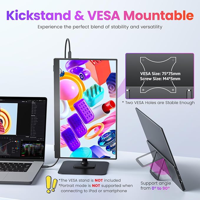Upperizon Portable Monitor 15.6 inch FHD 87% sRGB 60Hz IPS HDR HDMI USB-C Travel Monitor for Laptop MacBook PC Surface PS5 Xbox, External Display with Kickstand & Speakers, VESA Compatible - Image 4