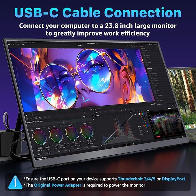 Upperizon Portable Monitor 23.8 inch 4K 3840X2160 144% sRGB 60Hz HDR HDMI USB-C Travel Monitor for Laptop MacBook PC Surface PS5 Xbox, Large External Display with Kickstand & Speakers, VESA Compatible - Image 2
