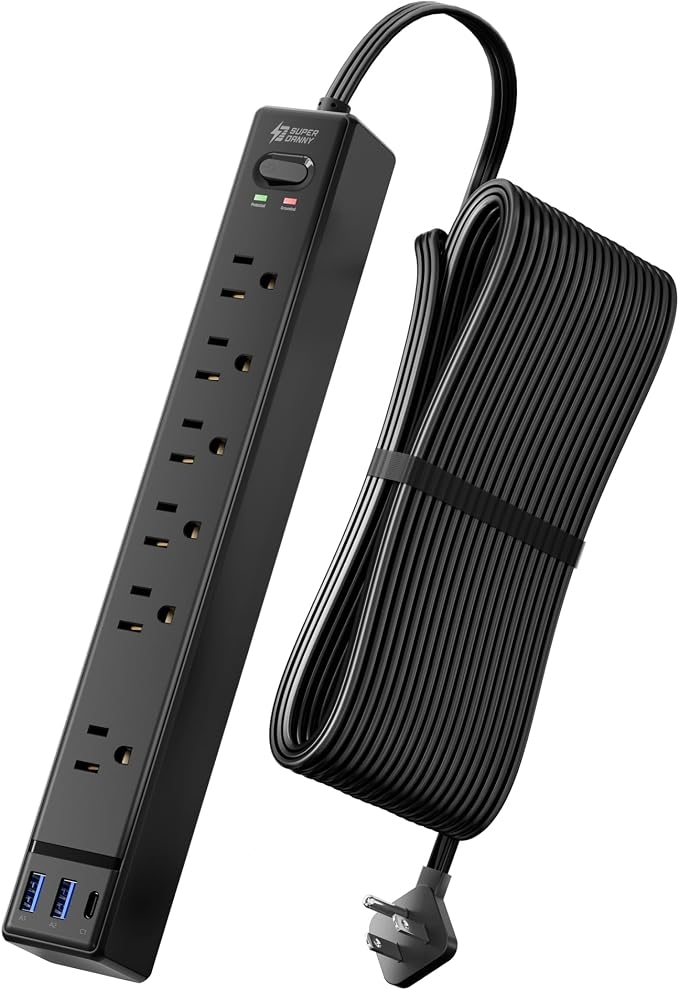 20Ft Long Extension Cord, SUPERDANNY Flat Plug Surge Protector Power Strip | 6 Outlets & 3 USB, Flat Plug Power Strip Wall Mountable, Desk Charging Station for Home, Office, College Dorm Room Essentials by SUPERDANNY