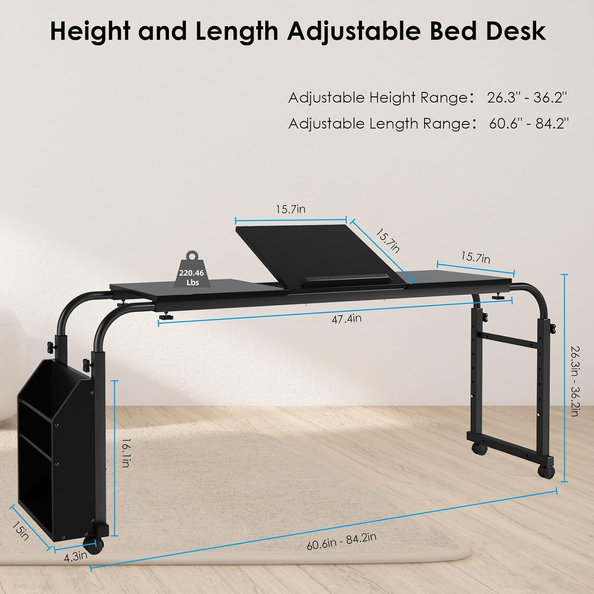 Overbed Table with Wheels,60.6-84.2 inches Mobile Bed Desk, Black - Image 2