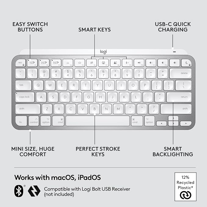 Logitech MX Keys Mini for Mac Minimalist Wireless Keyboard - Pale Grey | Compact, backlit keys, Bluetooth, USB-C, tactile typing, compatible with MacBook Pro, MacBook Air, iMac, iPad - Image 7