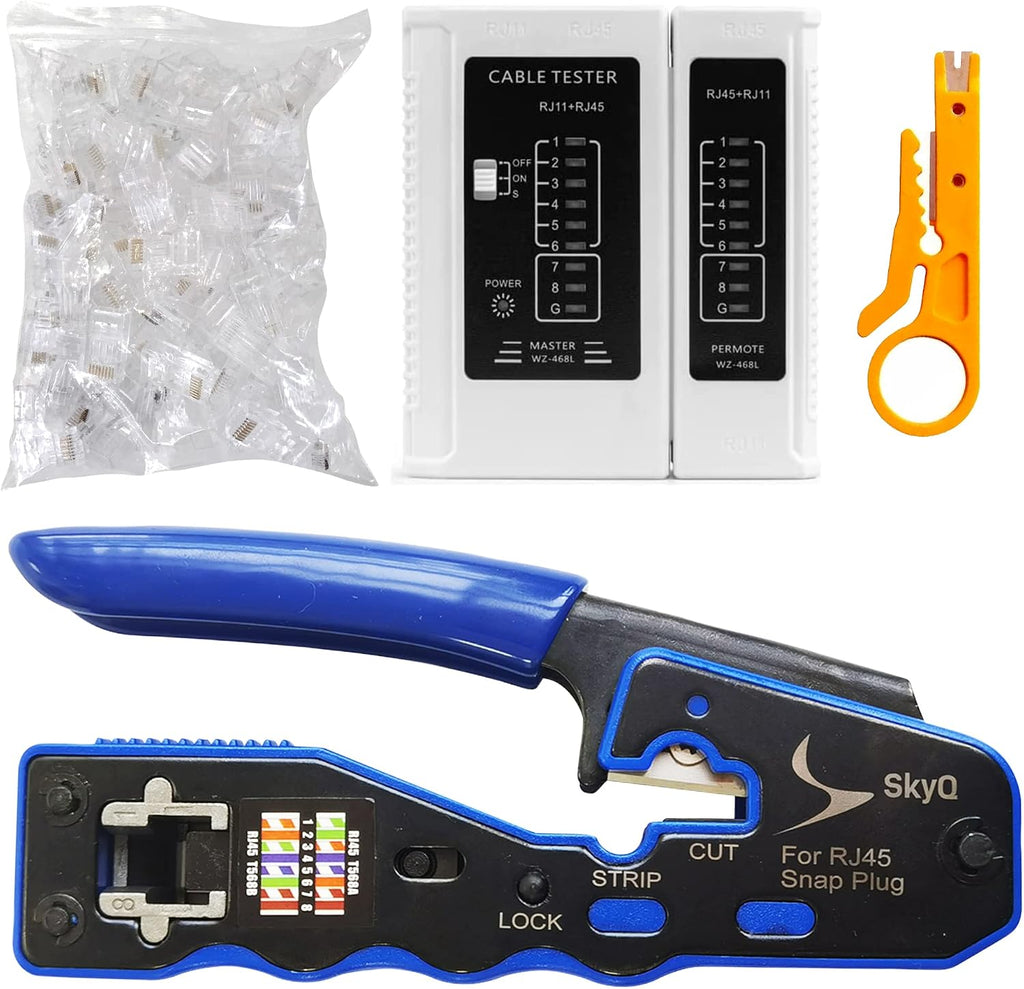 RJ45 Pass Through Crimp Tool Kit for Cat5, Cat6 termination including Ethernet Cable Tester(9V battery not included) plus 20 pcs Cat6 pass through Connector plugs by SkyQ
