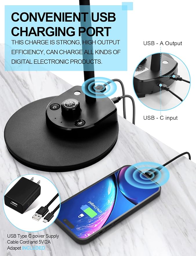 BOHON LED Desk Lamp with USB Charging Port 3 Color Modes Dimmable, Black | Reading Light Intelligent Induction Auto Dimming Task Lamp Neck Flexible Table Lamp for Bedside Office, AC Adapter Include - Image 4