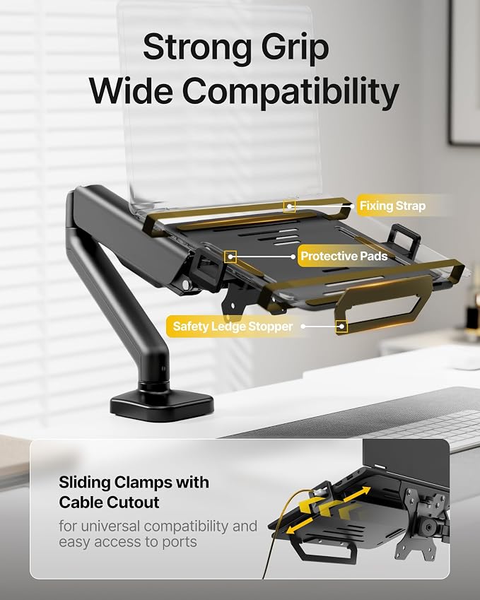 monTEK 2-in-1 Laptop & Monitor Desk Mount, Fits 12–18"Laptops & 32" Screens | 2-in-1 Desk Mount with Removable Vented Laptop Tray, Full Motion Arm with Clamp/Grommet Base, 75/100 VESA Mount - Image 4