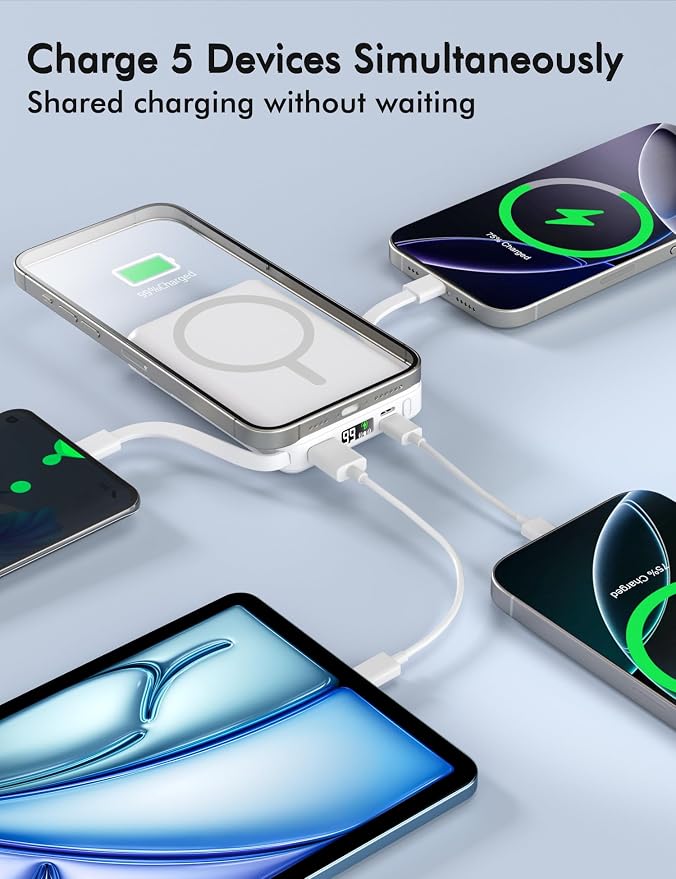 podoru for Magsafe Power Bank, 10000mAh Magnetic Portable Charger | Built-in Double USB-C Cables, 20W PD Fast Charging Wireless Battery pack for iPhone 17/16/15/14/13/12 Series-White - Image 2