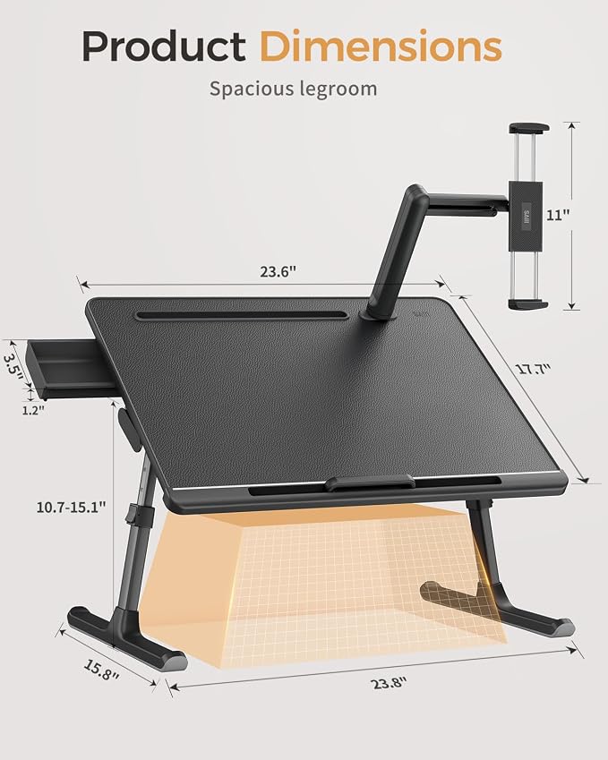 SAIJI Laptop Bed Table for Dual Screens, Lap Desk with Monitor Stand | Height/Angle Adjustable, Foldable & Portable, Soft Leather Surface, Spacious Legroom, with Drawer & Tablet Slot, X-Large - Image 3