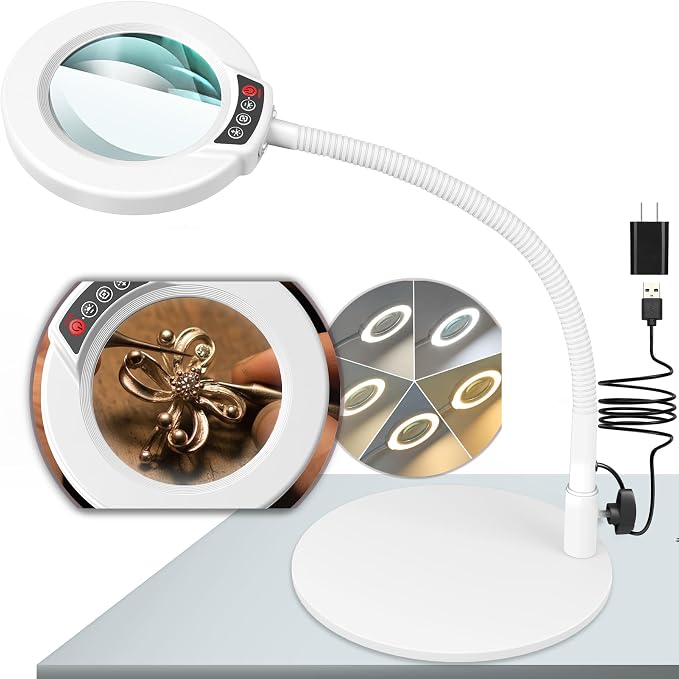 10X Magnifying Glass with Light and Stand, 16.5in Flexible Goose-Neck, 5 Color Modes Stepless Dimmable LED Lighted Desk Lamp, Hands Free Magnifier for Crafting Hobby Painting Close Work - White by KRSTLV