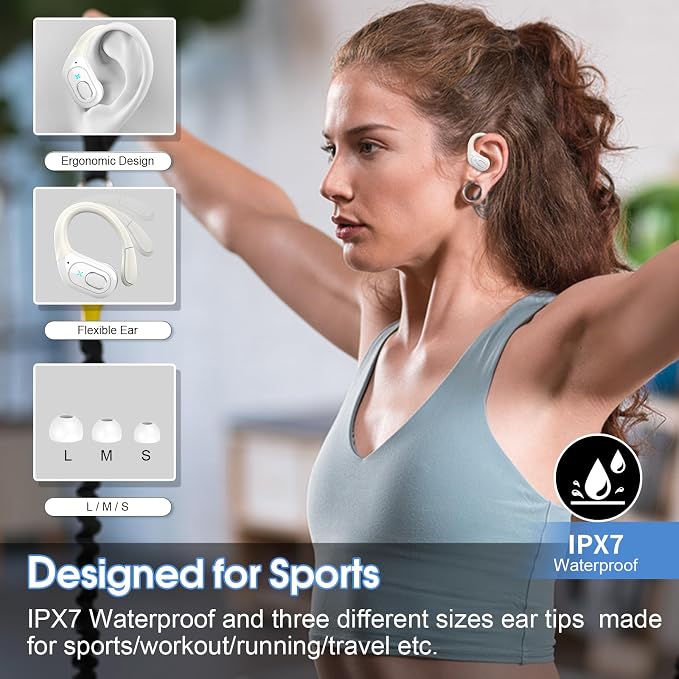 Wireless Earbuds 75H Bluetooth 5.4 Sport Headphones with Earhooks, White | IPX7 Waterproof In-ear Buds Feature ENC Noise Cancelling Mic & Deep Bass. Stereo Sound Device for Gym Running Workout - Image 3