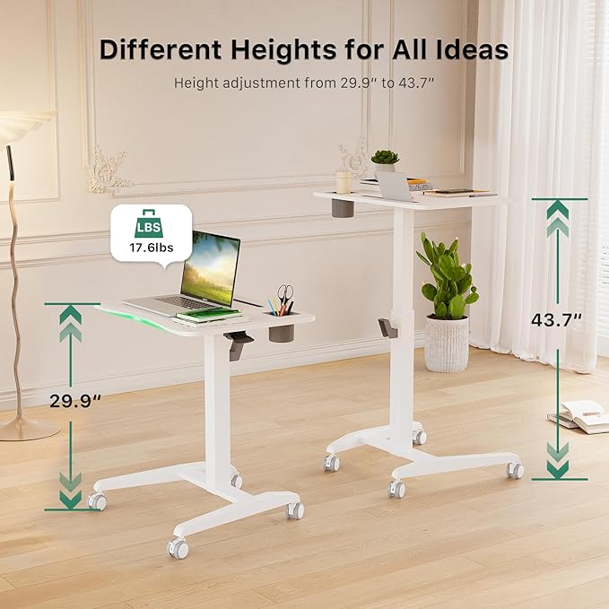 27" Mobile Rolling Standing Desk with Lockable Wheels, White | Small Laptop Cart Height Adjustable with Cup Holder, Slot, Hook, Portable Pneumatic Teacher Rising Workstation for Classroom - Image 3