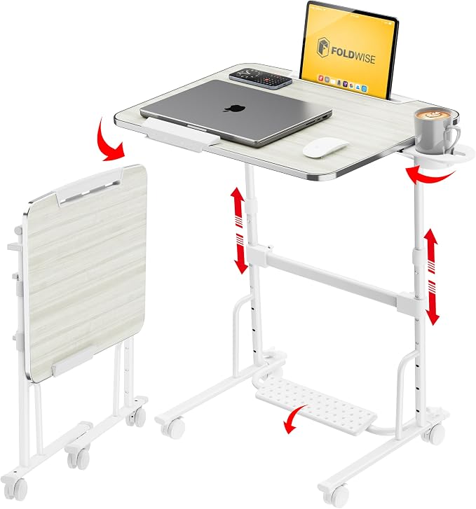 Foldable Standing & Rolling Desk, Upgraded Portable Desk on Wheels | Adjustable Height & Angle, Sturdy Mobile Table Workstation for Laptop with Footrest, Cup Holder, Edge Stopper & iPad Holder by FoldWise