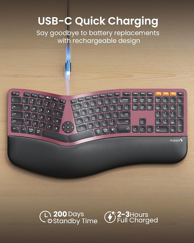 ProtoArc EK01 Plus Backlit Bluetooth Ergonomic Keyboard, Full Size, Red | Adjustable brightness, split design, cushioned wrist rest, connect 3 devices via Bluetooth/2.4G, 2000mAh USB-C rechargeable. - Image 6