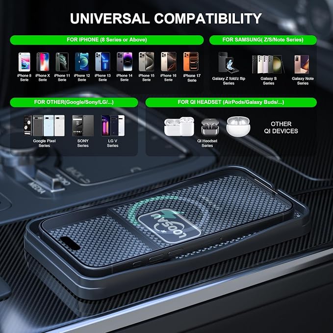 Wireless Car Phone Charger 15w Fast Chargers Charging pad Non Slip | Car Wireless Phone Charger for iPhone 17/16/15/14/13/12 Pro Max, for Samsung Galaxy S23 S22 S20 (1M Cable) - Image 3