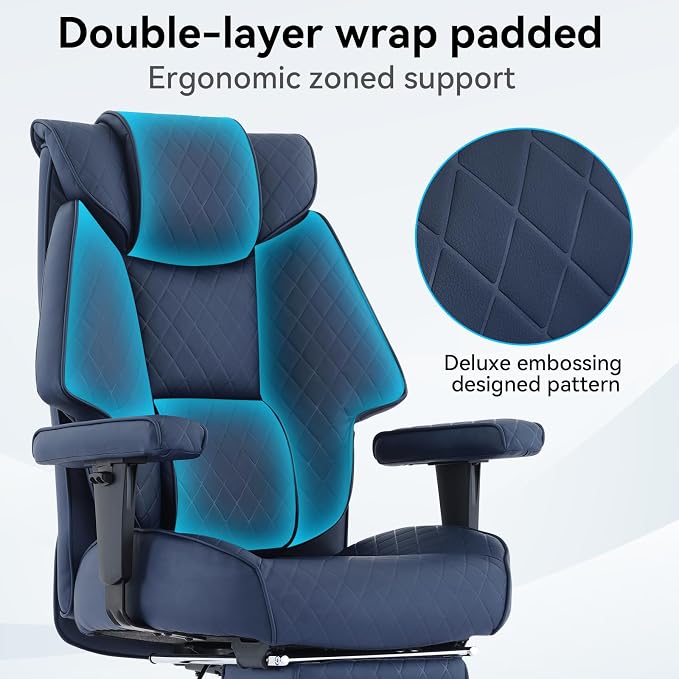 EXCEBET 400lbs Big and Tall Executive Office Chair, Blue PU Leather | Retractable footrest, 135° recline, Lumbar support, Ergonomic high back, Heavy-duty design, Thick cushion, Padded armrests - Image 4
