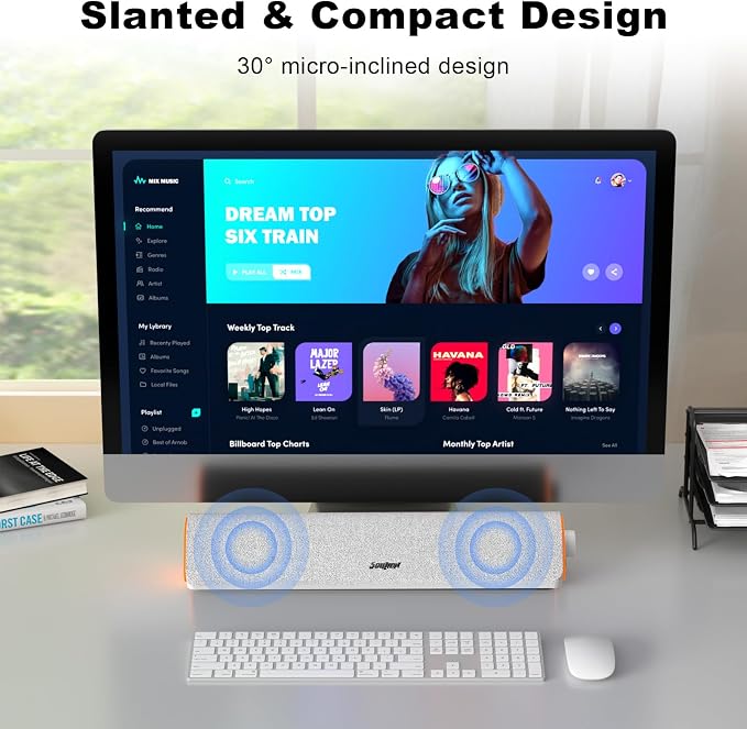 SOULION Bluetooth Computer Speakers PC Sound Bar for Desktop Monitor White | USB Powered & 3.5mm, Colorful LED Lights, Switch Button Clear & Rich Sound, Breathable Cloth,Surround Soundbar - Image 6