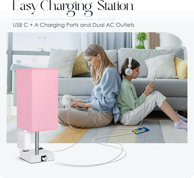 Bedside Lamp with USB Ports - Touch Control Table Lamp for Bedroom with USB C+A Charging Ports & AC Outlets, 3 Way Dimmable Nightstand Light with White Base for Living Room (LED Bulb Included, Pink) - Image 6