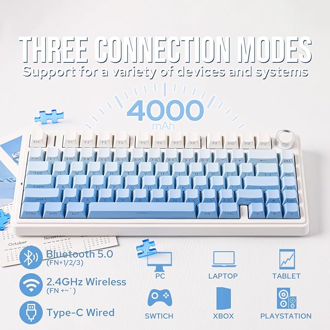 EPOMAKER x Aula F75 Gasket Mechanical Keyboard, 75% Wireless Hot Swappable Gaming Keyboard with Five-Layer Padding&Knob, BT/2.4GHz/USB-C, RGB (Blue Gradient, LEOBOG Reaper Switch) - Image 3