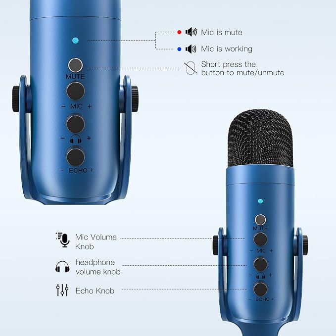 ZealSound Podcast Microphone for PC, Noise Cancellation USB Mic with Gain, Volume Adjustment & Mute Button, Monitoring & Echo, for YouTube, TikTok, Podcasting, Streaming, iPhone, iPad, Android(Blue) - Image 5