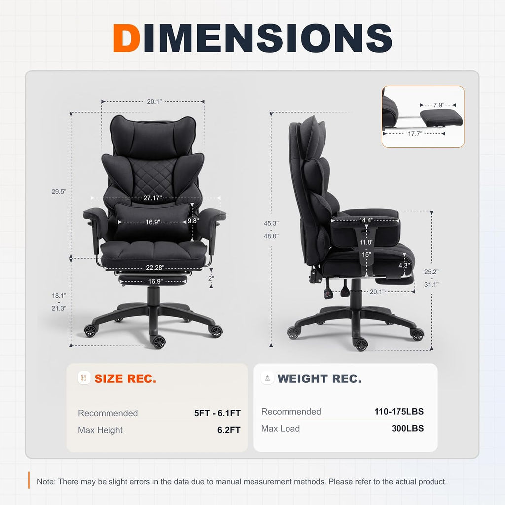 Dowinx Big and Tall Office Chair with Pocket Spring Cushion,High Back Computer Gaming Chairs with Adjustable Armrests,Executive Desk Chairs with Lumbar Support and Footrest,Cloth-Black - Image 3