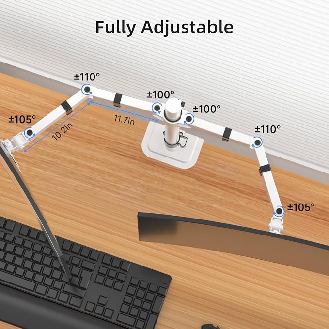 Suptek Dual Monitor Desk Mount, Adjustable Dual Monitor Arm for 2 Monitor Screens up to 43 inch, 15.75" Pole Monitor Stand for Desk, Holds up to 22 lbs,White(MD9442LW) - Image 3