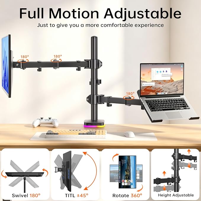 Afaloona RGB Monitor & Laptop Stand with USB Hub, Charging & Data Transfer | Fits 13-32" monitors and 11-17" laptops with a removable tray that converts to a dual monitor mount, up to 18 lb per arm - Image 6