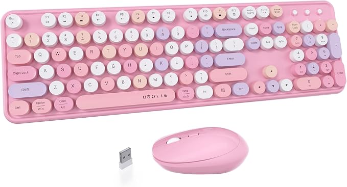 UBOTIE Colorful Wireless Keyboard and Mouse Combo (Pink-Colorful) | Retro Typewriter Floating Full-Sized Keys Computer Keyboard with Optical Mouse, 2.4GHz USB Connection for Windows Mac by UBOTIE