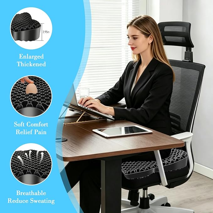 Gel Seat Cushion, Thickened Big Breathable Honeycomb Design Absorbs Pressure Points Gel Cushion with Anti-Slip Cover Seat Cushion for Office Chair Home Car Wheelchair Stadium Bleachers - Image 5