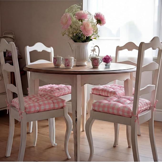 Geetery 4 Pack Chair Cushions, 16" x 15",Pink and White,Plaid - Image 5