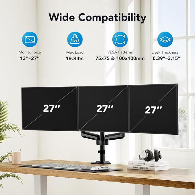 HUANUO Triple Monitor Mount for 13-27 inch Computer Screens, Gaming 3 Monitor Desk Mount with Arm Holds 19.8lbs, Triple Monitors Stand with Tilt, Swivel, Rotation, VESA 75x75, 100x100mm - Image 2