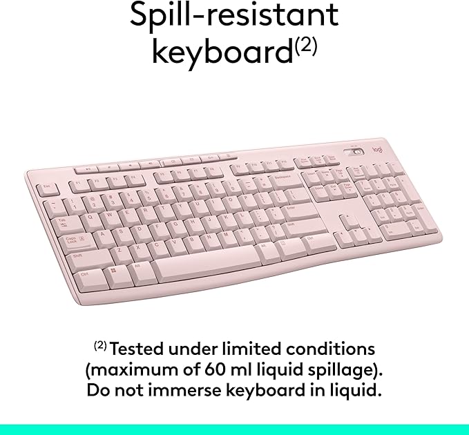 Logitech MK270 Full Size Wireless Keyboard and Mouse Combo - Rose | Full size keyboard with spill-resistant design, compact ambidextrous mouse, connect via single included USB-A Nano Receiver - Image 4
