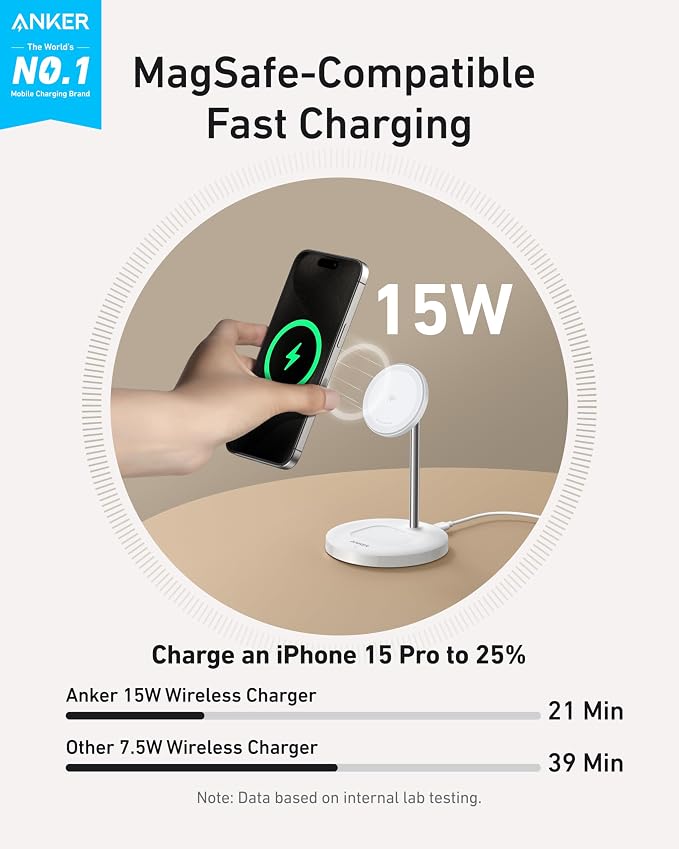 Anker MagGo 2-in-1 MagSafe Compatible Qi2 15W Wireless Charging Stand | Qi2 Certified, Fast Charging, Wireless Charger for iPhone 17, AirPods Pro, and More (White, 40W Adapter Included) - Image 2
