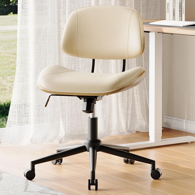 Armless Office Chair with Wheels, PU Leather Desk Chair, Beige | Adjustable Height Task Chair, 360° Swivel Ergonomic Computer Chair for Small Space, Modern Walnut Style, Home & Meeting Room - Image 7