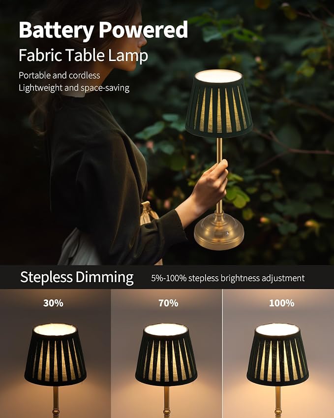 KDG Gold Cordless LED Table Lamps Set of 2, Green Fabric Shade Desk Lamps | Portable 4000mAh Rechargeable Battery Powered, Dimmable Lighting for Dining Room, Bedroom, Bedside, Night Light, Balcony - Image 4