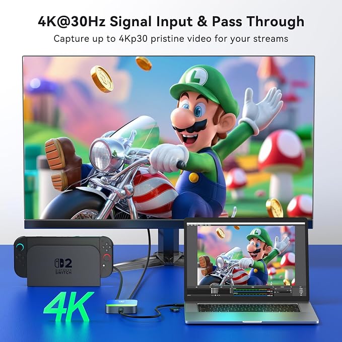 Capture Card for Nintendo Switch, 4K HDMI Capture, USB C 3.0 1080P 60FPS | Audio Video Recorder, low latency, streaming accessories, USB capture card for streaming/gaming, for PS5/Xbox/OBS/Camera/PC - Image 2