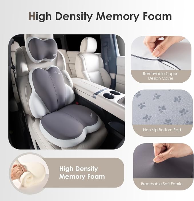 3 PCS Seat Cushion for Carseat Lumbar Support Pillow Car Neck Headrest Pillows Ultrathick Memory Foam Seat Pads Pressure Relief Back Cushion for Office Chair(Beige Grey) - Image 4